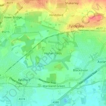 Mapa topográfico Higher Folds, altitude, relevo