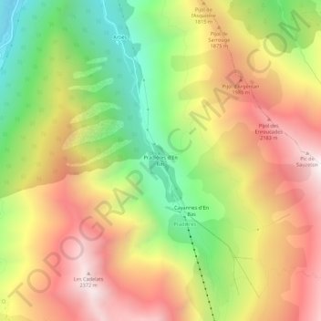 Mapa topográfico Pradières d'En Bas, altitude, relevo