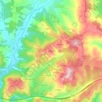 Mapa topográfico Rongère, altitude, relevo