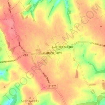 Mapa topográfico Ludford Parva, altitude, relevo