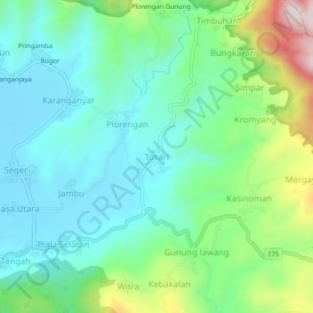 Mapa topográfico Tosari, altitude, relevo