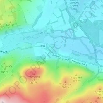 Mapa topográfico Yeavering, altitude, relevo