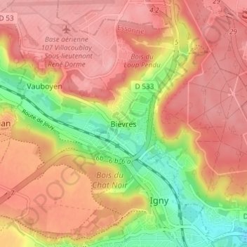 Mapa topográfico Bièvres, altitude, relevo