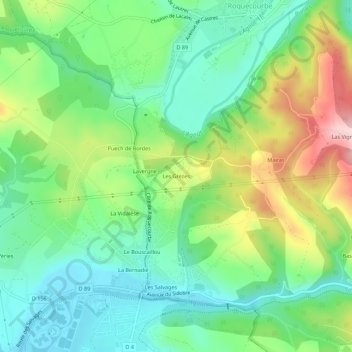Mapa topográfico Les Grèzes, altitude, relevo