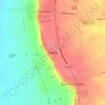 Mapa topográfico Coleby, altitude, relevo