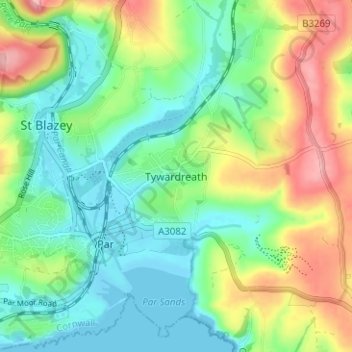 Mapa topográfico Tywardreath, altitude, relevo