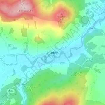 Mapa topográfico Strachan, altitude, relevo