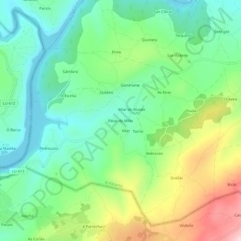 Mapa topográfico Ribas de Miño, altitude, relevo