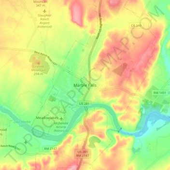 Mapa topográfico Marble Falls, altitude, relevo
