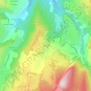 Mapa topográfico Rioupes, altitude, relevo