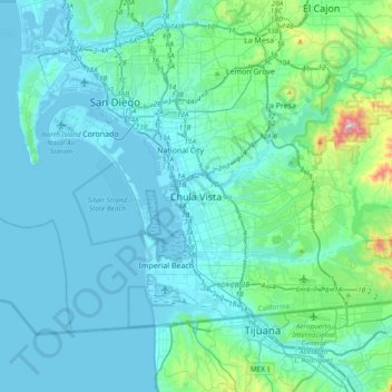 Mapa topográfico Chula Vista, altitude, relevo