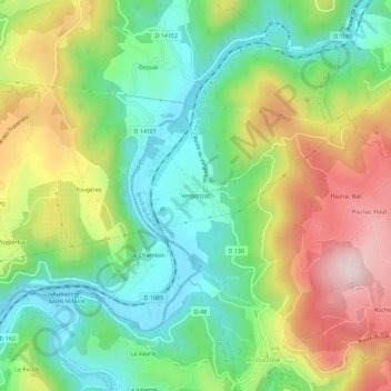 Mapa topográfico Vergonzac, altitude, relevo