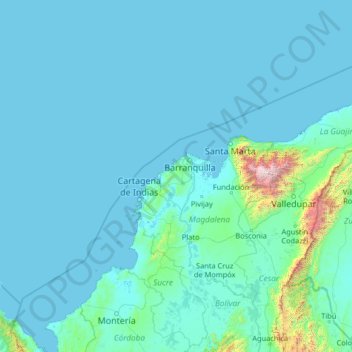 Mapa topográfico Atlántico, altitude, relevo