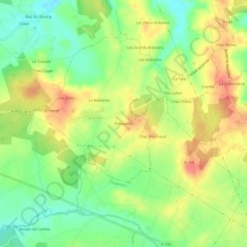 Mapa topográfico Pellouaille, altitude, relevo