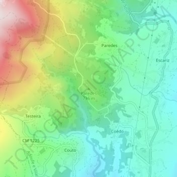 Mapa topográfico Paredes, altitude, relevo