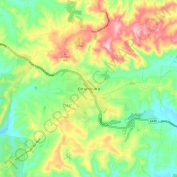 Mapa topográfico Korumburra, altitude, relevo