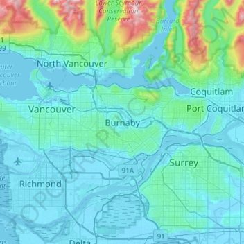 Mapa topográfico Burnaby, altitude, relevo