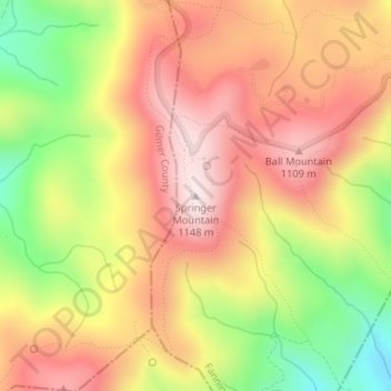 Mapa topográfico Springer Mountain, altitude, relevo