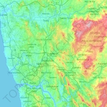 Mapa topográfico Alfena, altitude, relevo