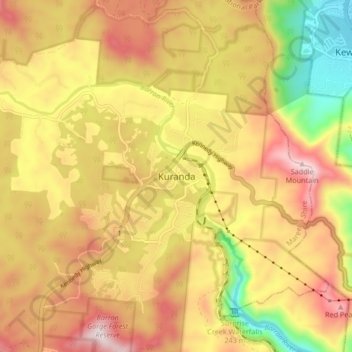Mapa topográfico Kuranda, altitude, relevo