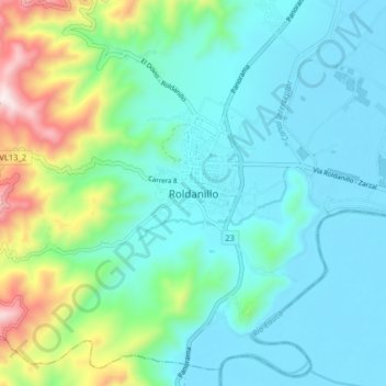 Mapa topográfico Roldanillo, altitude, relevo