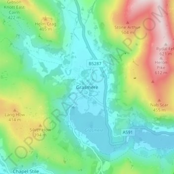 Mapa topográfico Grasmere, altitude, relevo