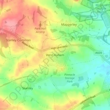 Mapa topográfico West Hallam, altitude, relevo