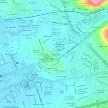 Mapa topográfico Mirador de los Arcos, altitude, relevo