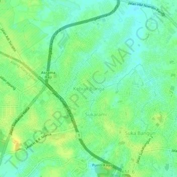 Mapa topográfico Kebun Bunga, altitude, relevo