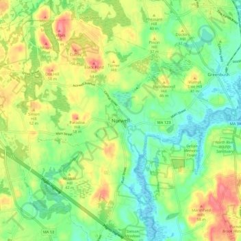 Mapa topográfico Norwell, altitude, relevo