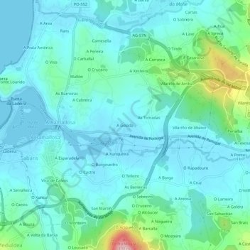 Mapa topográfico A Golada, altitude, relevo