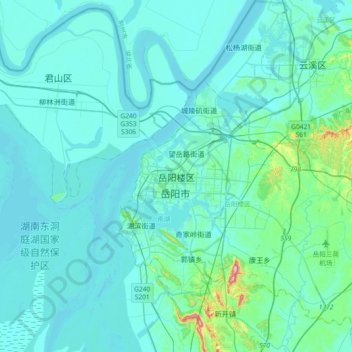 Mapa topográfico 岳阳楼区, altitude, relevo