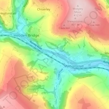 Mapa topográfico Hawksclough, altitude, relevo