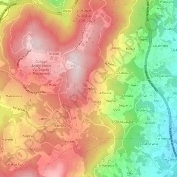 Mapa topográfico Pardellas, altitude, relevo