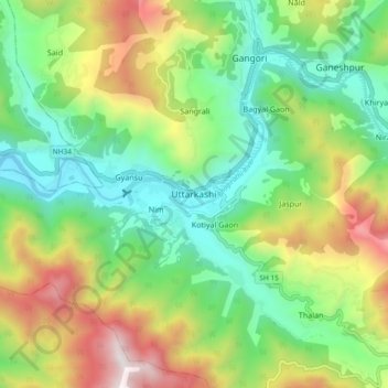 Mapa topográfico Uttarkashi, altitude, relevo