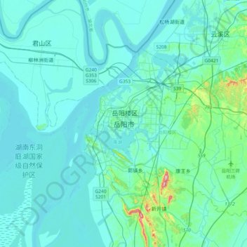 Mapa topográfico 岳阳市, altitude, relevo