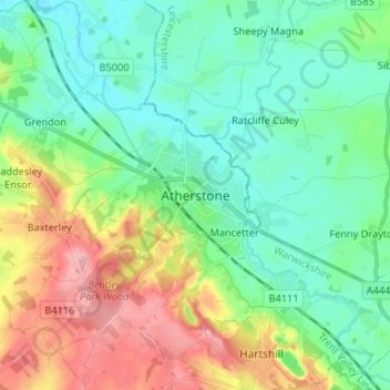Mapa topográfico Atherstone, altitude, relevo