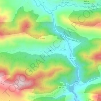 Mapa topográfico Gete, altitude, relevo