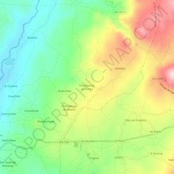 Mapa topográfico Chaodarcas de Arriba, altitude, relevo