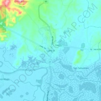Mapa topográfico Lorica, altitude, relevo