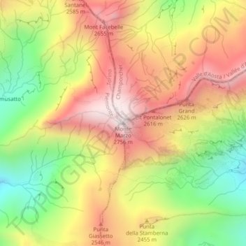 Mapa topográfico Monte Marzo, altitude, relevo