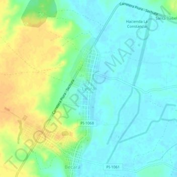 Mapa topográfico Letirá, altitude, relevo