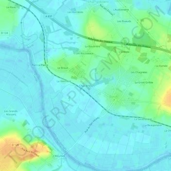 Mapa topográfico Chez Billou, altitude, relevo