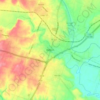 Mapa topográfico Belton, altitude, relevo