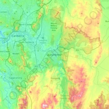 Mapa topográfico Queanbeyan, altitude, relevo