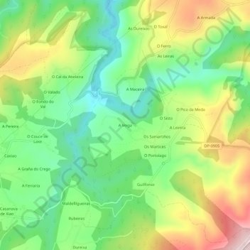 Mapa topográfico A Veiga, altitude, relevo