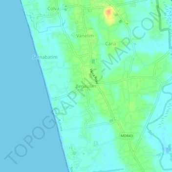 Mapa topográfico Benaulim, altitude, relevo