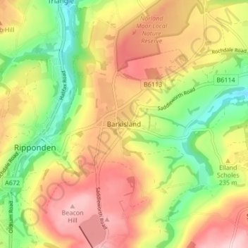 Mapa topográfico Barkisland, altitude, relevo