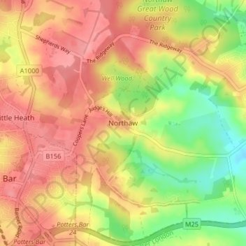 Mapa topográfico Northaw, altitude, relevo