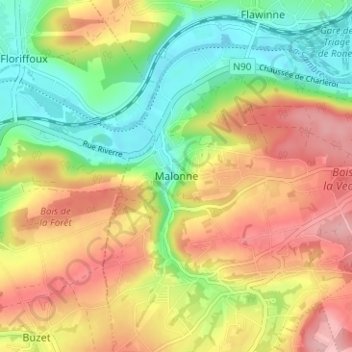 Mapa topográfico Malonne, altitude, relevo